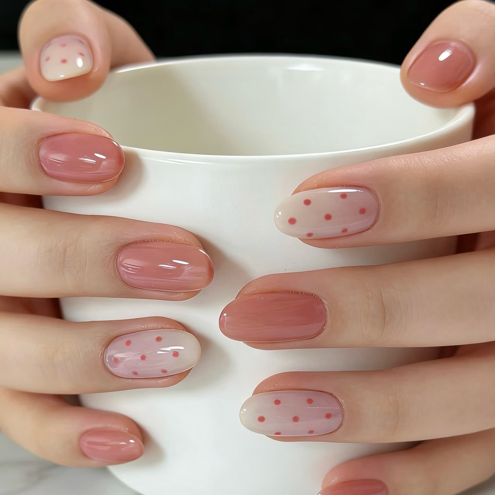 Pink and White Dual-Color Jumping Short Oval Nails, Pure and Gentle Polka Dot Handmade Wearable Nails