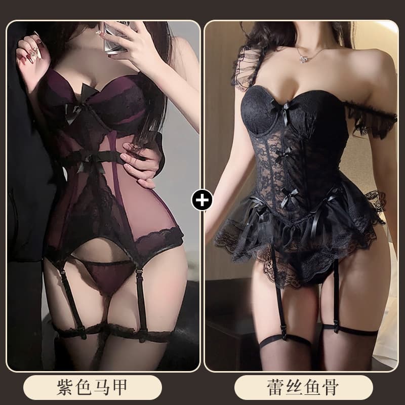 Sexy Lingerie Purple Camisole French Babe Lace Mesh Slimming Corset Bodice