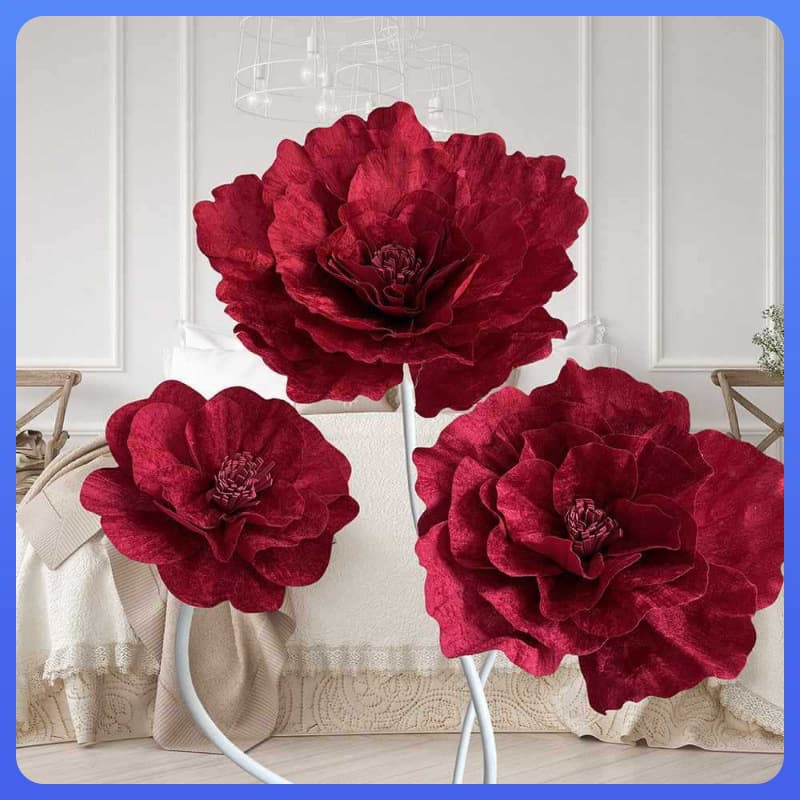 Large velvet peony flowers for wedding displays, photo studio photography, and large burgundy artificial roses.