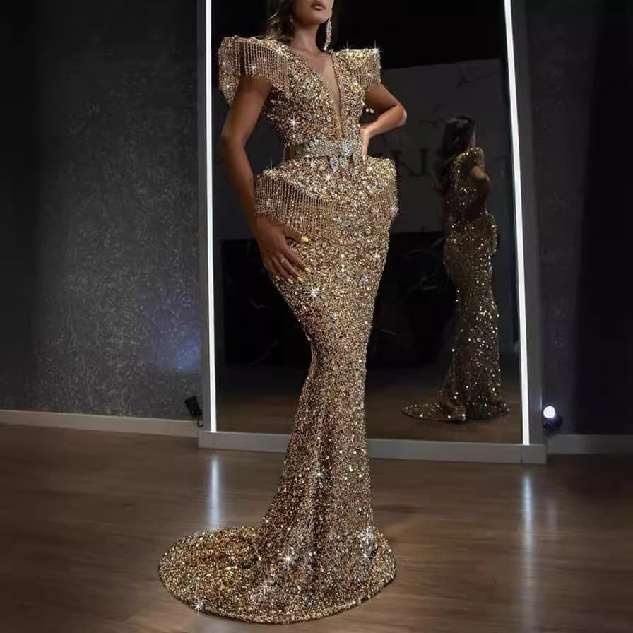 2020 Autumn and Winter Cross-Border Women's Clothing Independent Site Ebay Sexy Sequin Tassel Trailing Evening Dress Bodycon Dress