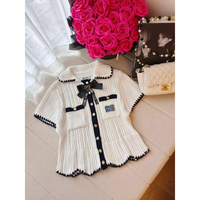 2026 Summer New Knitted M Letter Hollow Crochet Short Sleeve Single-Breasted Cardigan Loose Versatile Top