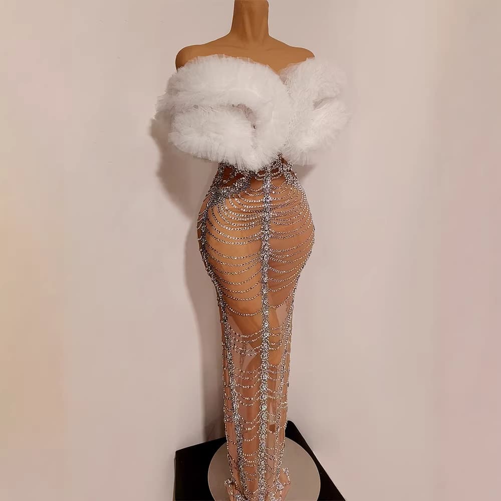 Stage red carpet European and American style feather mesh rhinestone see-through tight long dress banquet strapless sexy evening gown