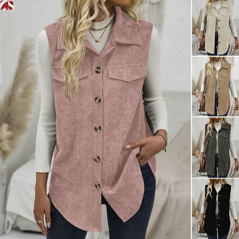 Cross-border Export Spring Autumn Women Vest Lapel Open Front Casual Commuter Corduroy Women Sleeveless Jacket