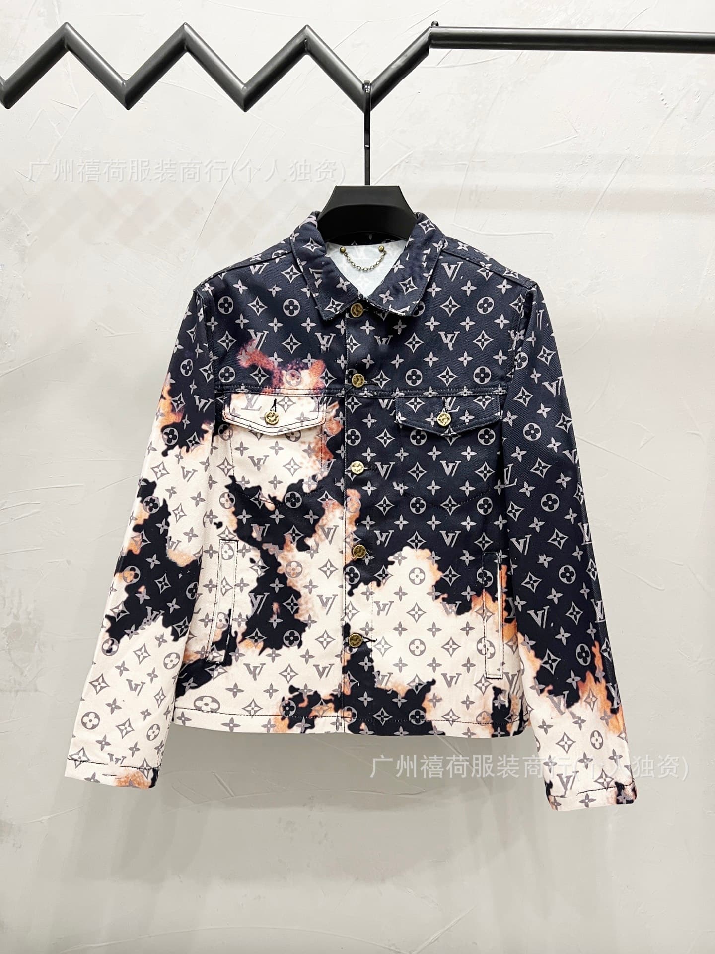 Cross-border Correct High Version. LV 25S Autumn/Winter Full Print Check Jacquard Denim Jacket and Jeans Set