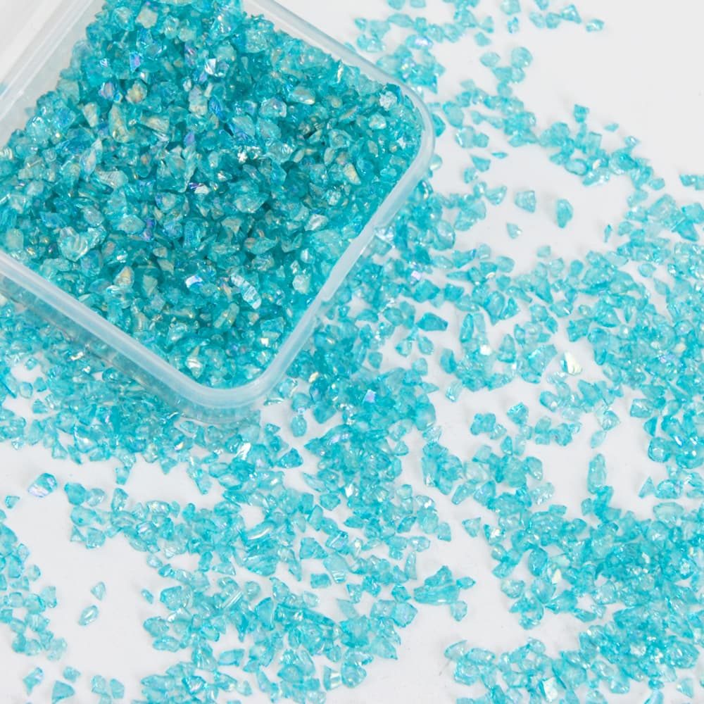 DIY nail art materials: crushed diamond powder, sea salt crystal, sugar, hemp resin, epoxy resin, and colored iridescent crystal sand.