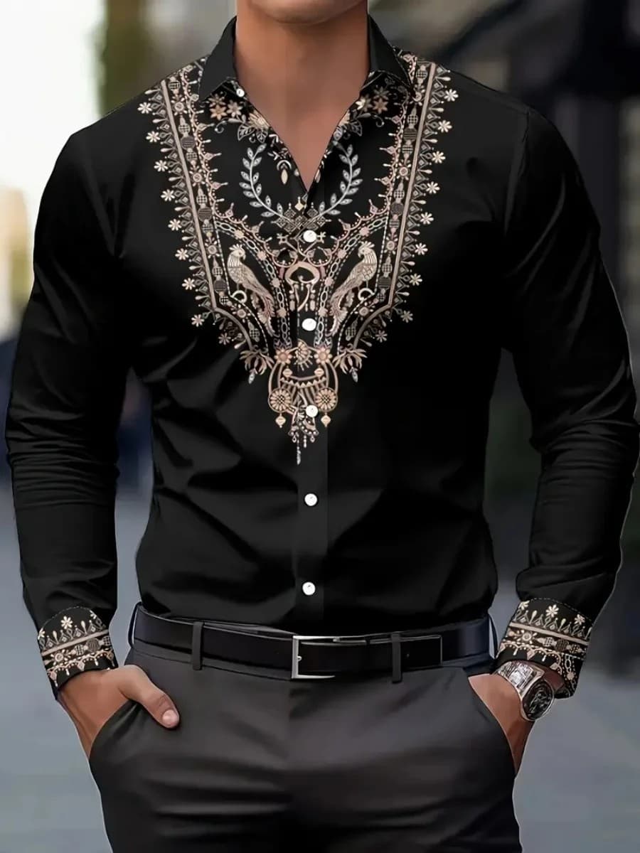 New cross-border men's fashion printed long-sleeved shirt slim fit top