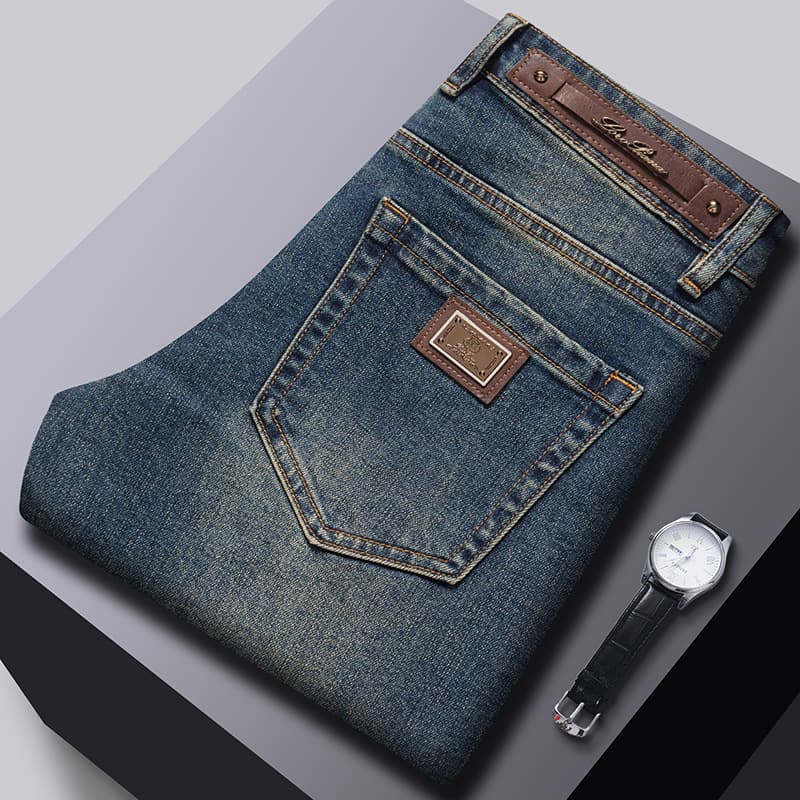 Guangzhou Xintang Men's Jeans, Light Luxury Korean Style, Thick Stretch, Slim Fit, Washed Blue, Original Label Galeries Lafayette