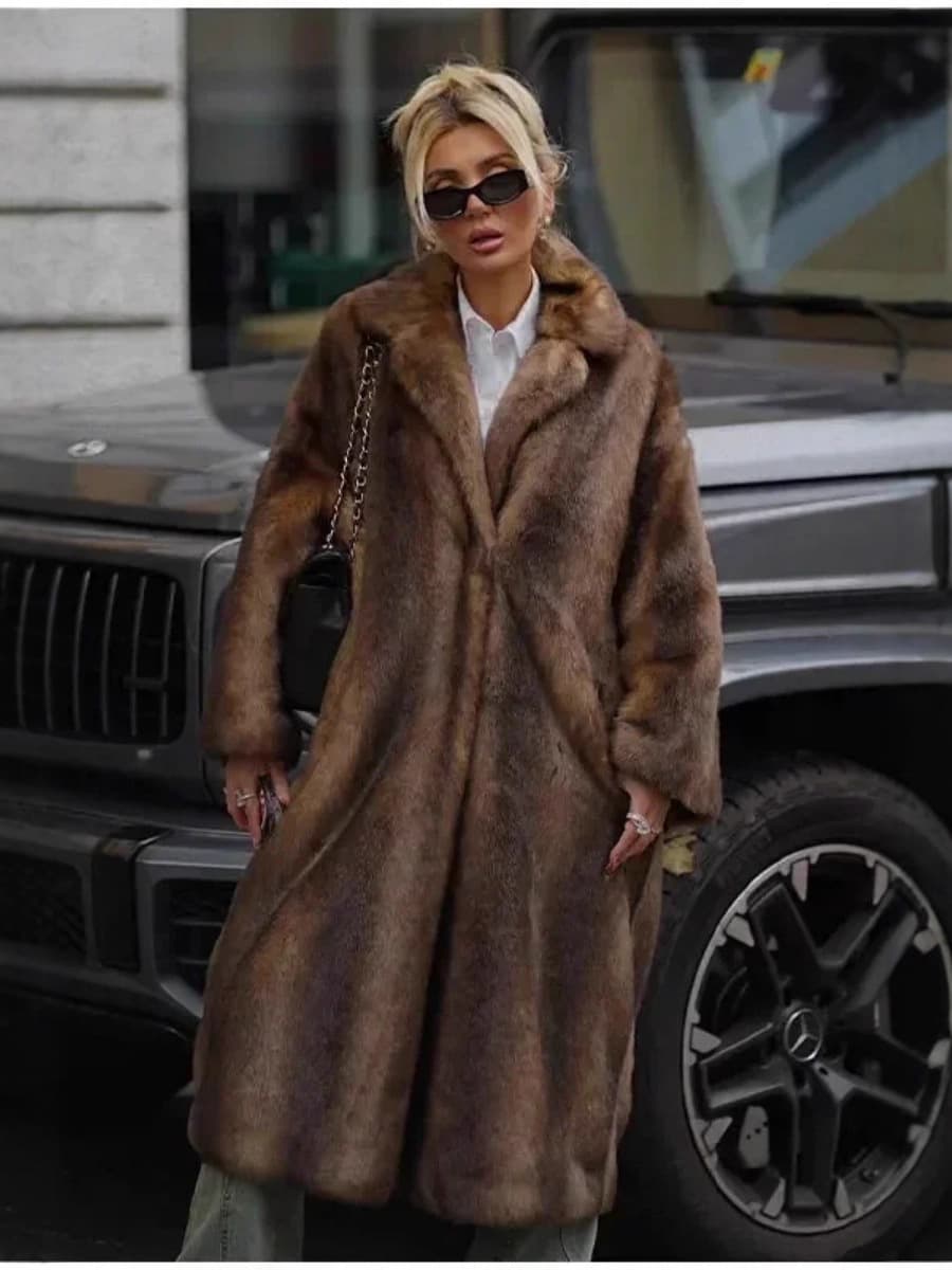 Amazon AliExpress Winter European and American Style Faux Mink Fur Long Coat Loose Brown Outerwear Top