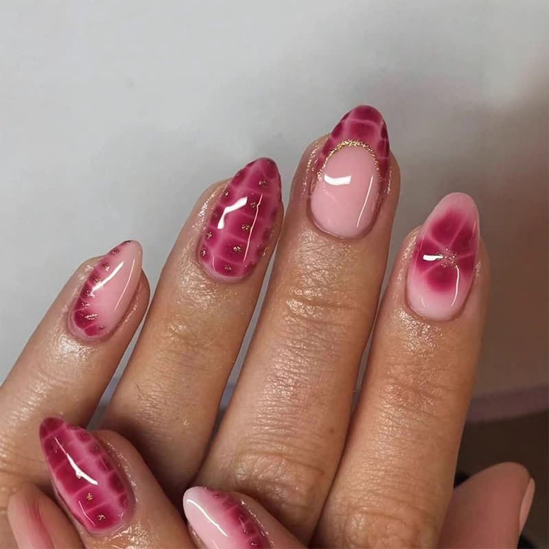 Almond Sweet Cool Pink Transparent Snake Print Press On Nails, Wholesale Fake Nails