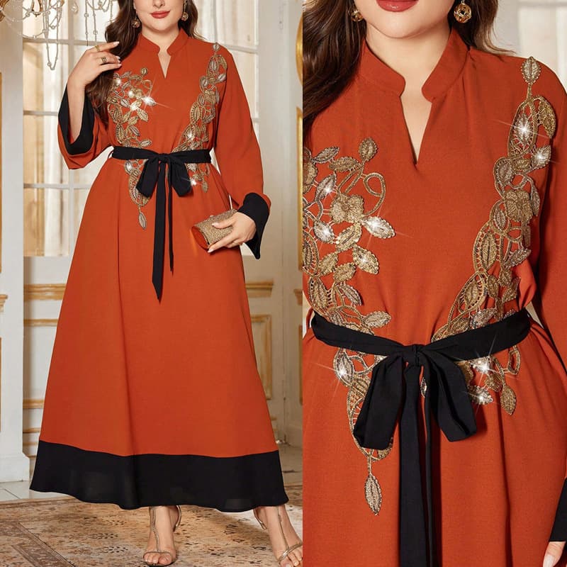 In-Stock Plus-Size Long-Sleeve Elegant Long Dress with Stylish Patchwork Embroidery, Fashionable New Autumn Gown Dress