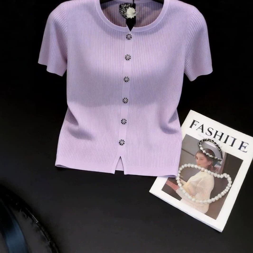 2026 Cropped Purple Knit Top Short Sleeve Lightweight Luxury Lapel