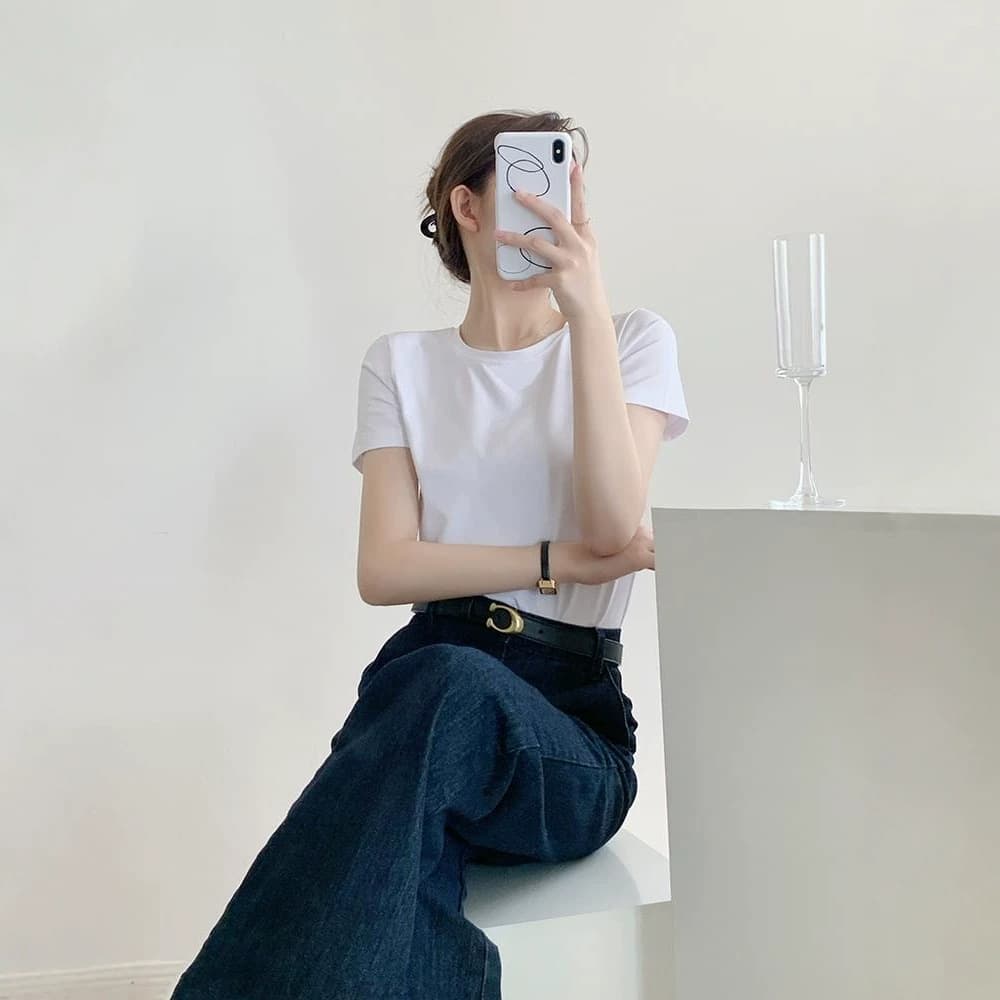 Cotton White T-Shirt Women Short Sleeve Slim Fit Crew Neck Layering Basic Top Summer