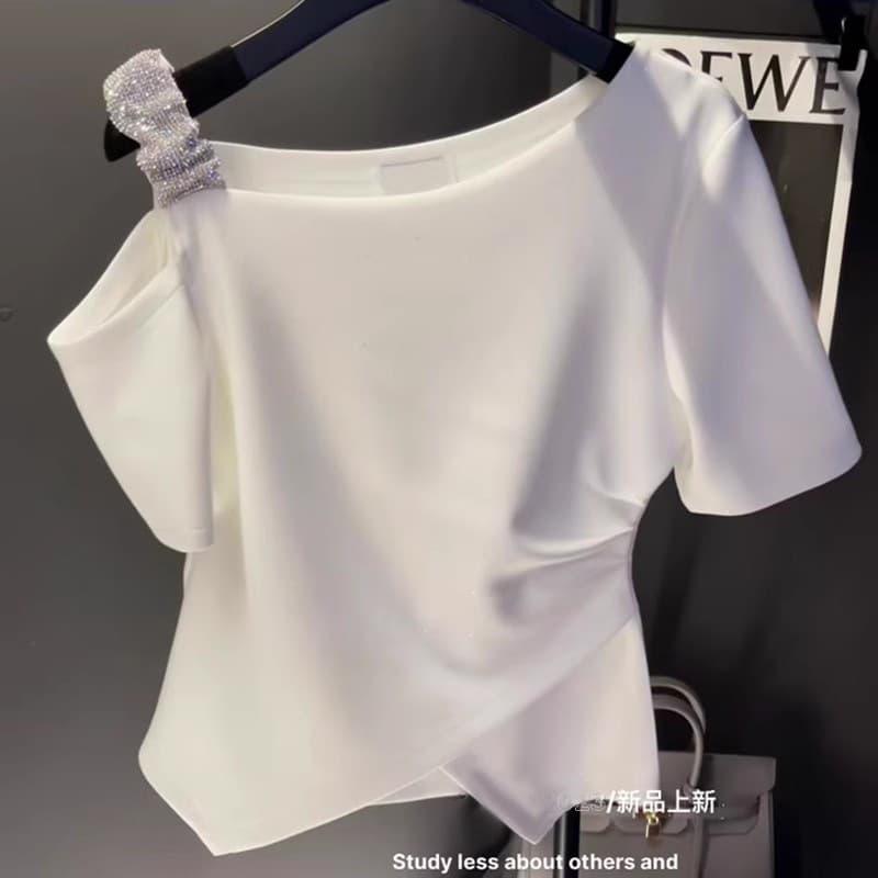 Shenzhen Nanyou High-End Luxury Short-Sleeve Top for Women, 2025 Summer New Style, Stylish Off-Shoulder Top