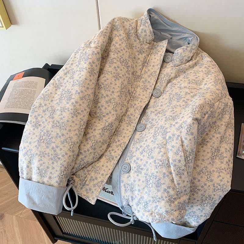 Korean style pink floral print stand collar short cotton coat for women, winter 2025 new style, casual, youthful, warm, padded and thickened.