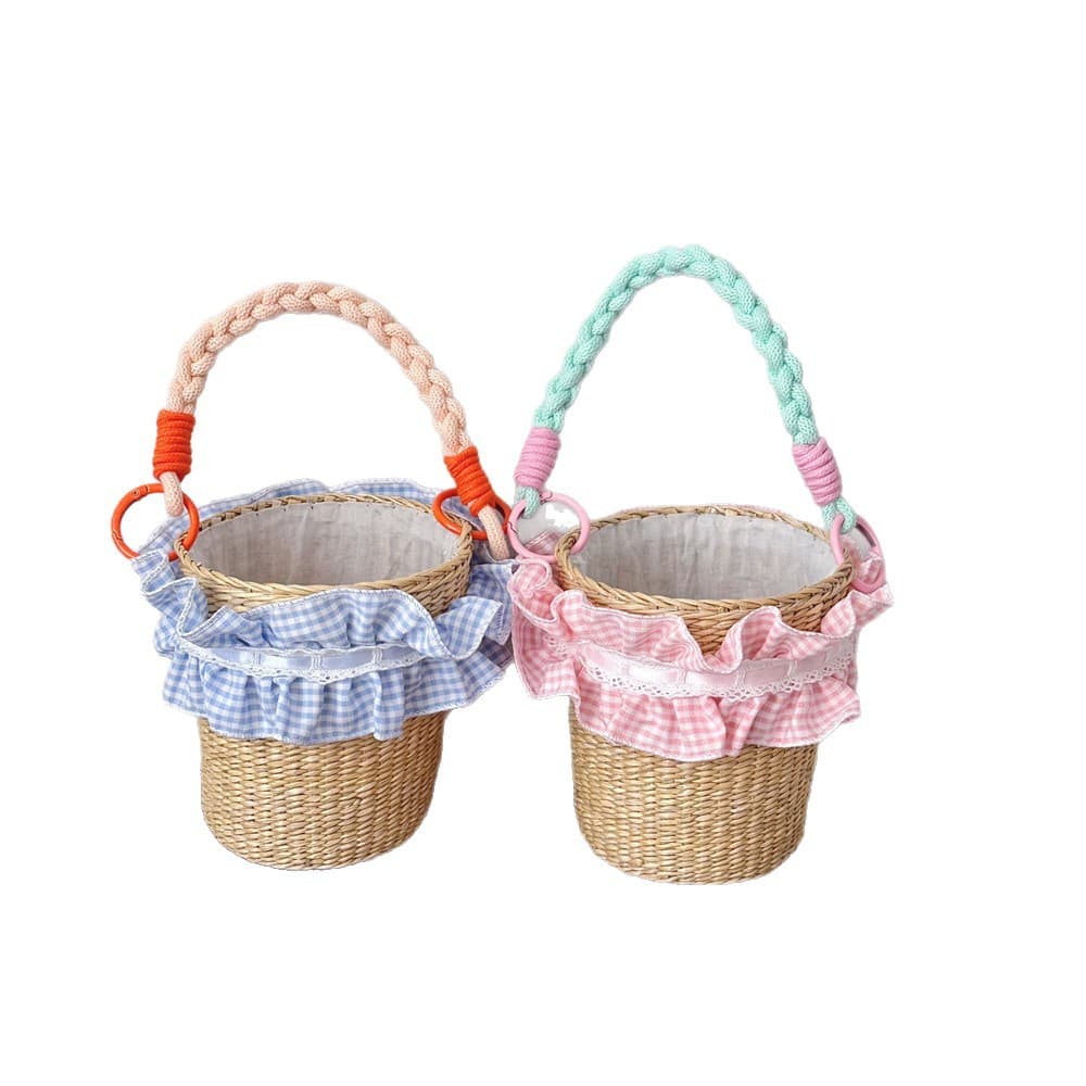 Korean Sweet Style Kids Straw Bucket Bag Summer Plaid Lace