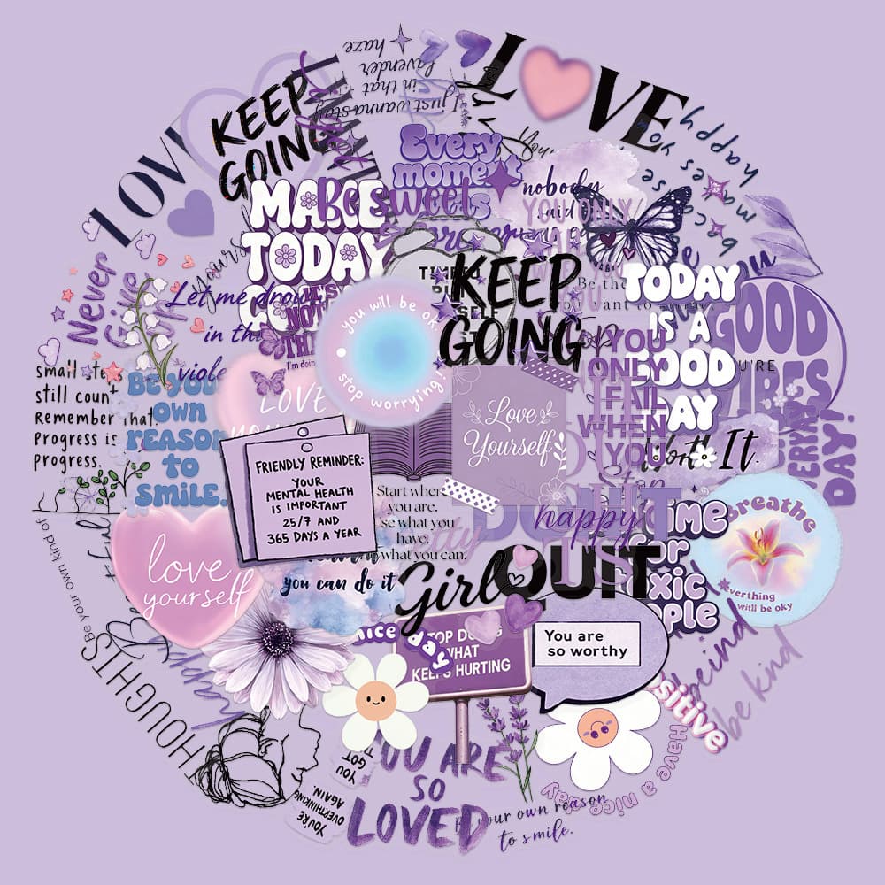 50 Purple Positive and Inspirational English Doodle Stickers, Personalized Cartoon Sentences, Decorative Stickers for Water Bottles and Suitcases
