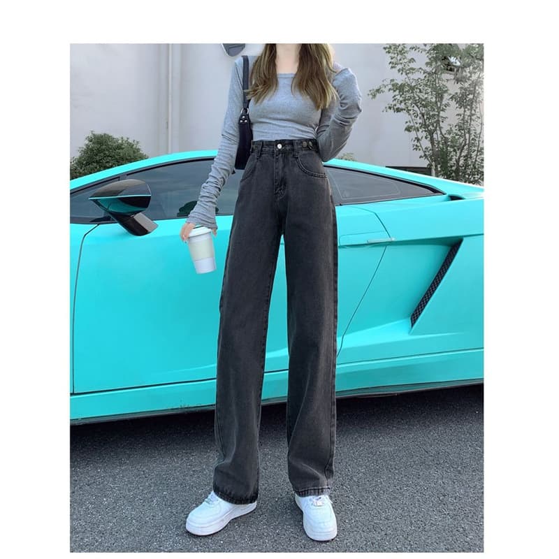 Multi-Button Design Wide-Leg Jeans for Women, New Style, Adjustable High Waist, Versatile, Loose Fit, Straight-Leg Floor-Length Pants