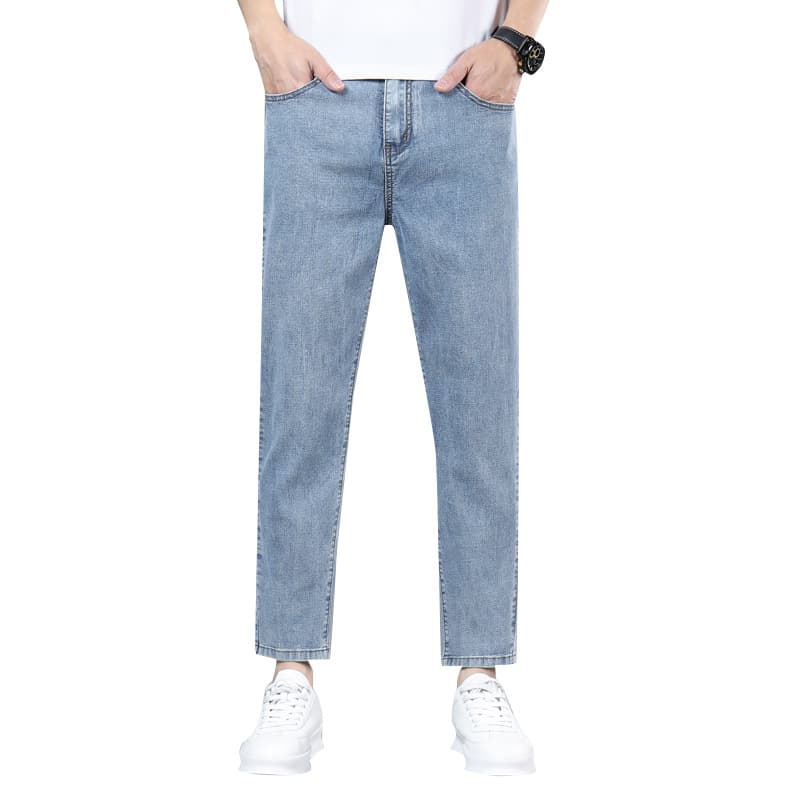 New summer style men's cropped straight leg jeans, versatile, stretchy, simple, trendy, casual, and light business style 9-point pants.