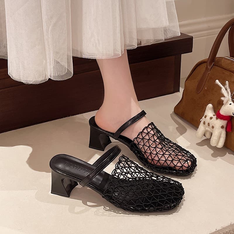 2026 Summer Fashion Casual Women's Breathable Black Woven Hollow Square-Toe French Style Women's Shoes Niche Wedge Slippers