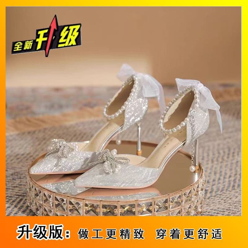 Silver High Heels for Women 2025 New Bow Crystal Shoes Wedding Shoes Stiletto Pointed Toe Fairy Style Lady High-End Sense
