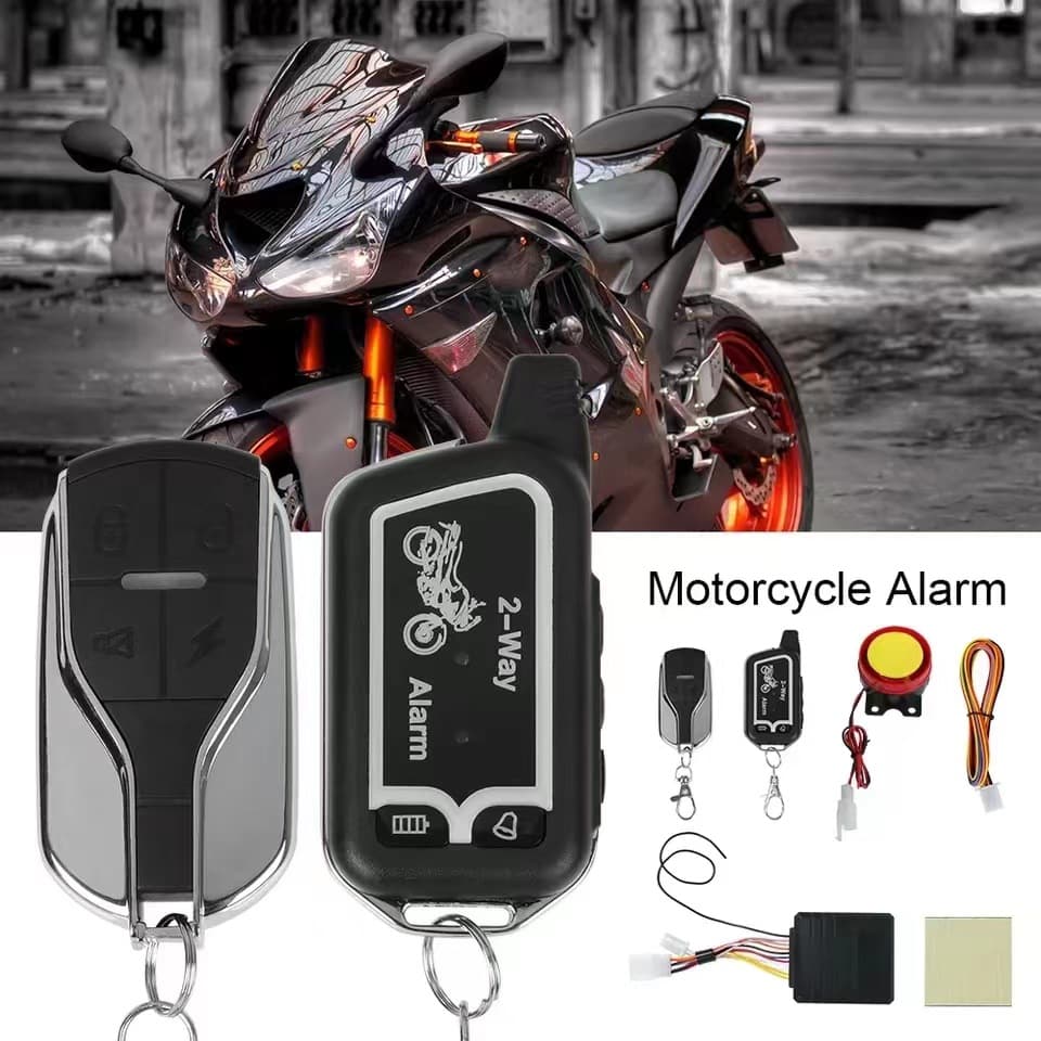 New motorcycle two-way anti-theft device alarm remote control with vibration and sound prompts for start and stop, full functionality.
