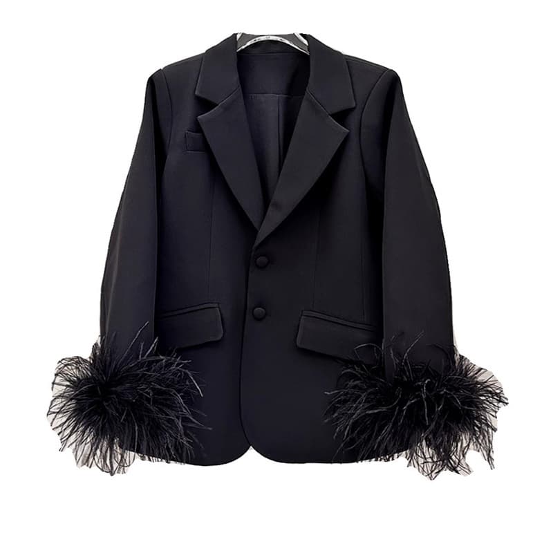 Designer Ostrich Feather Loose Blazer Black Long Sleeve