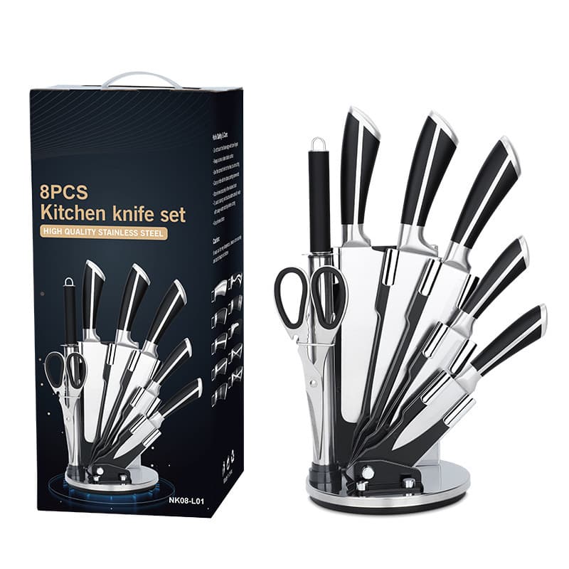 Knife Set 8-Piece Stainless Steel Handle Chef Knife Combination Hollow Handle Gift Knife Rotating Stand