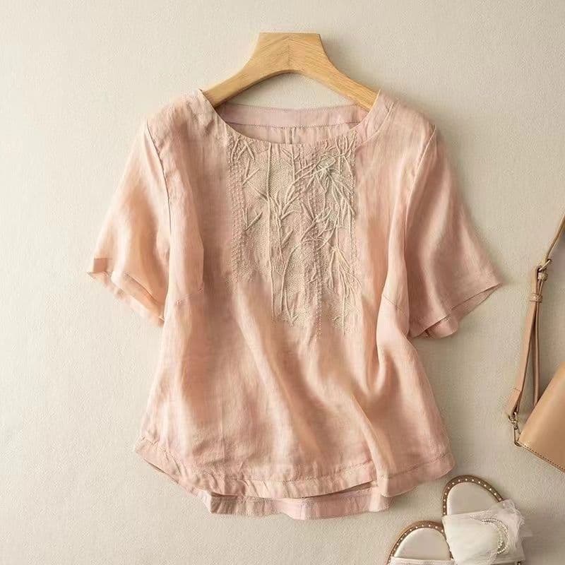 Cotton Linen Short Sleeve T-Shirt for Women Summer 2025 New Loose Youthful Stylish Mother's Blouse Elegant Top