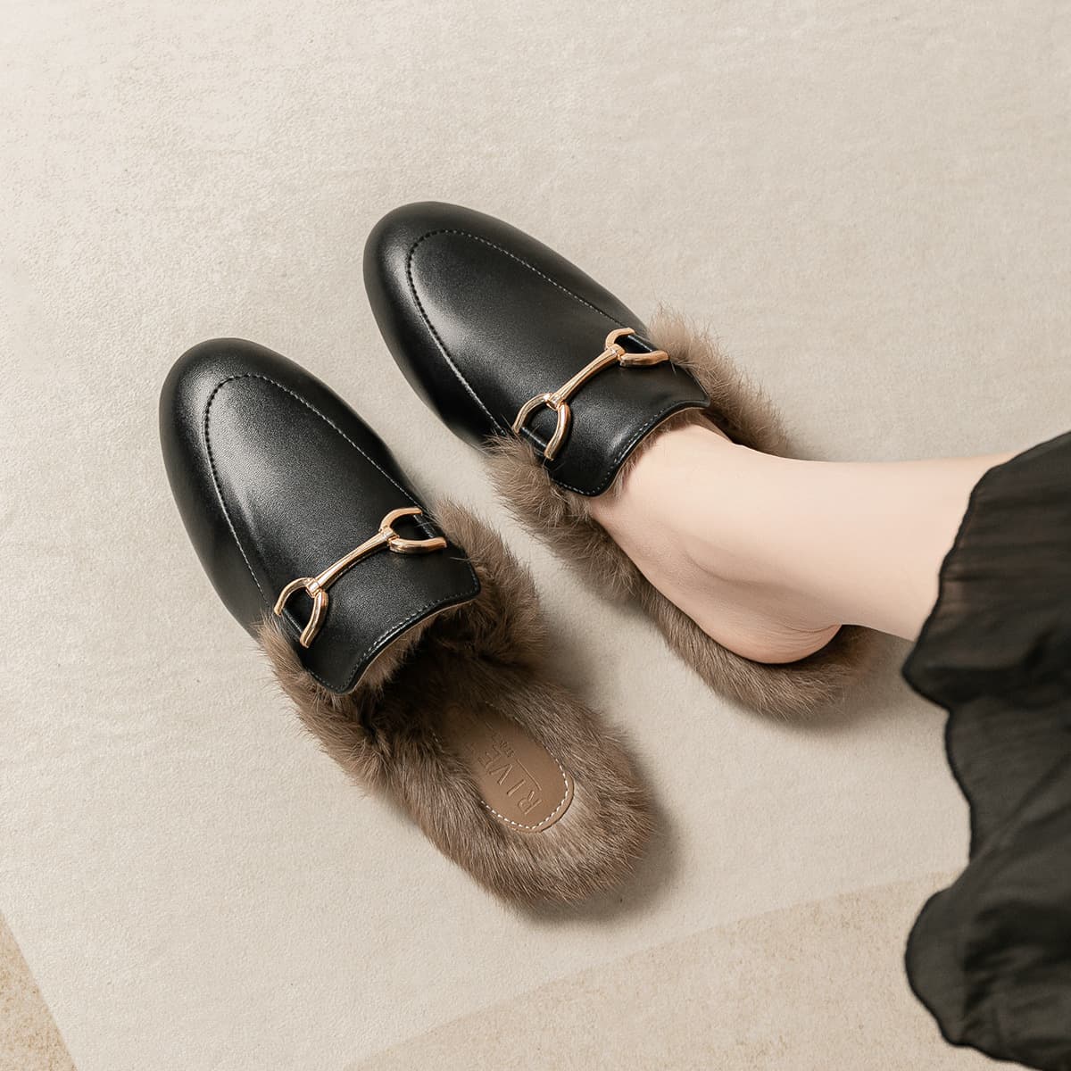 Women's fluffy slippers, winter mules, rabbit fur closed-toe slippers, plus sizes 41-44