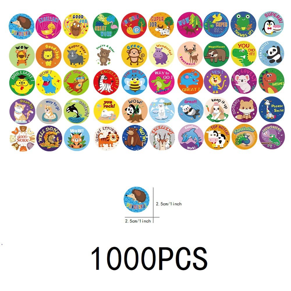 1000PCS,1 inch, cute sticker, animal sticker, school reward label sticker