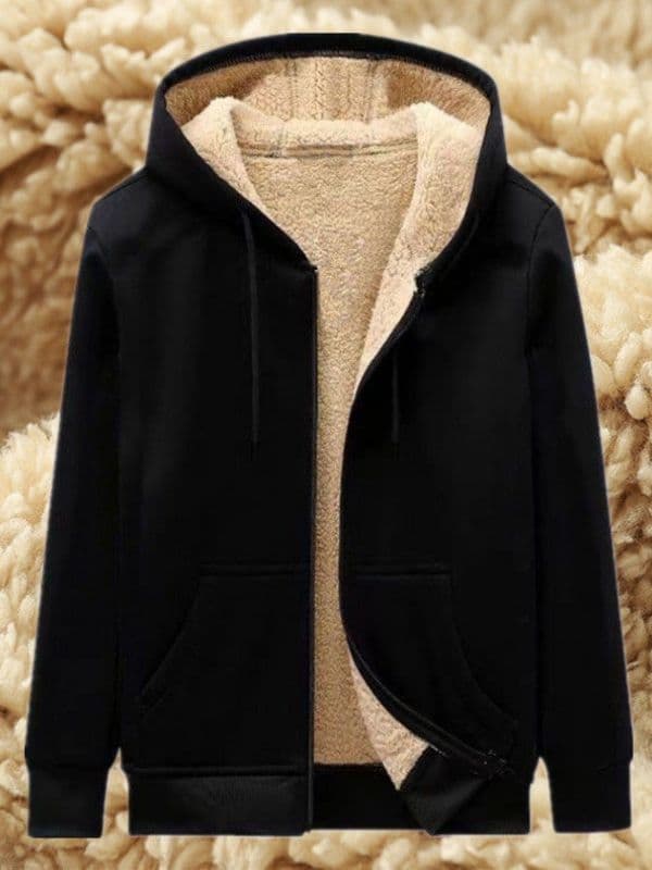 Men's Thick Fleece-Lined Hooded Sweatshirt Youth Zip-Up Jacket Student Trendy Brand Sweatshirt Coat