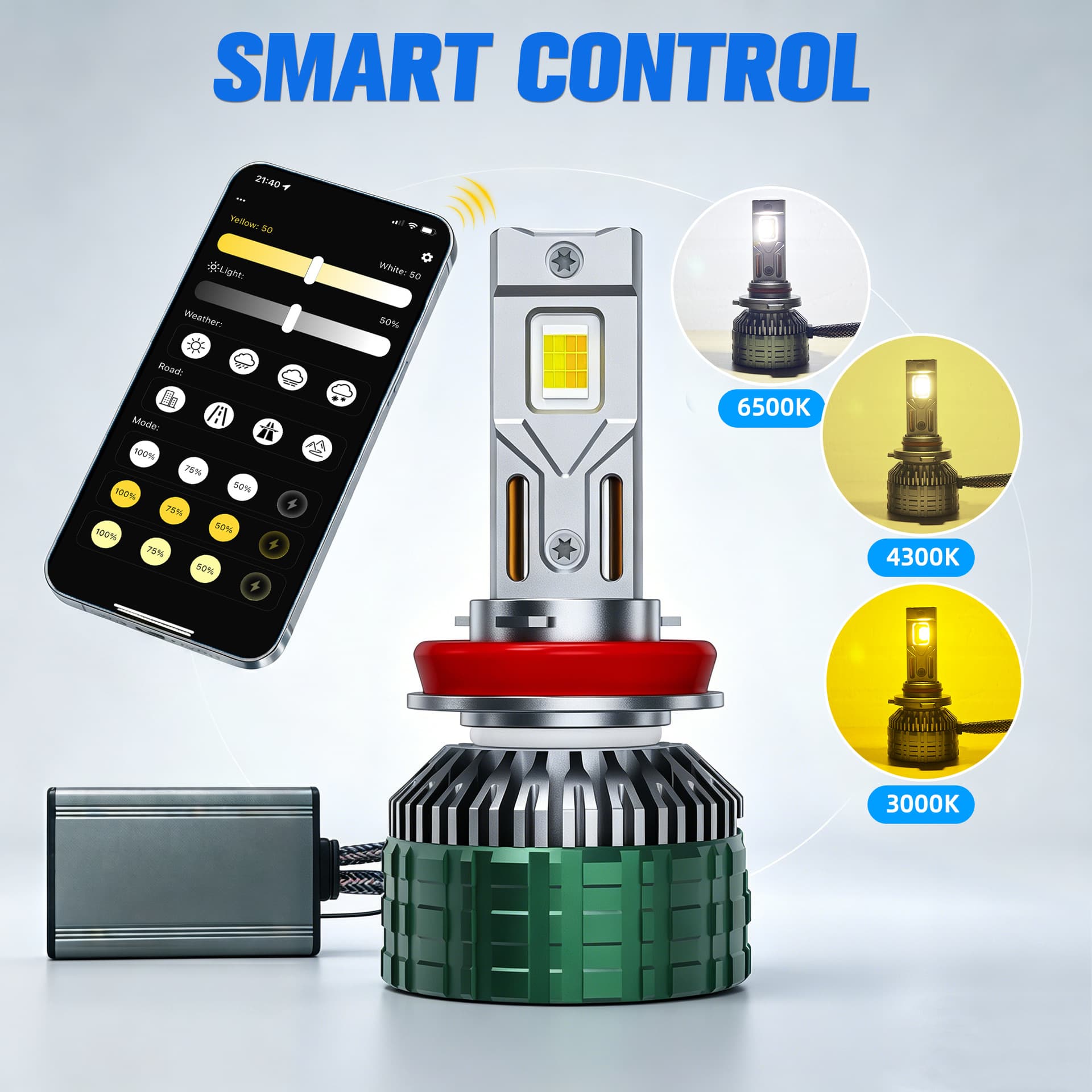 New 85W Smart Color Temperature Adjustable Car LED Headlights with Dual Copper Tubes and High Brightness (H4H7) via Mobile App