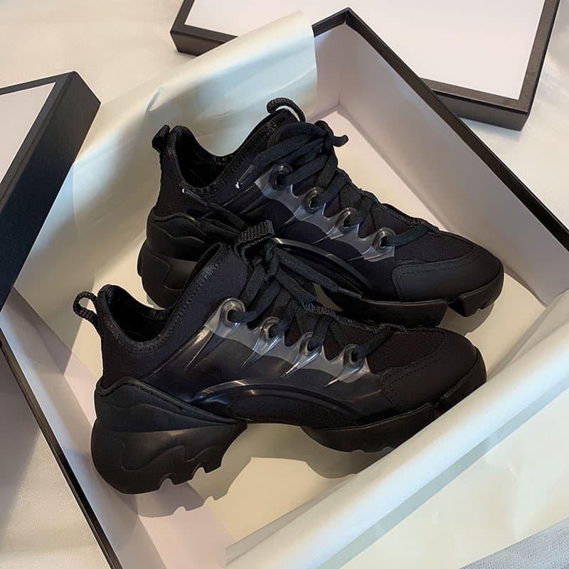 D Style Genuine Leather Black Thick Sole Dad Shoes Women Casual Sneakers Heightening Running Shoes