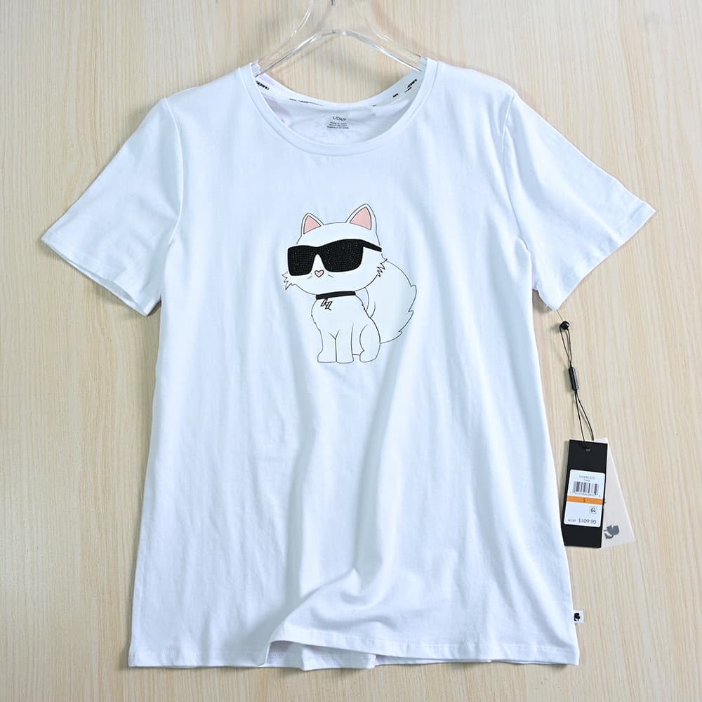 Siqi Women's Clothing 253/10 Cotton Printed Cartoon Cat Round Neck Slim Fit Casual Short Sleeve T-Shirt