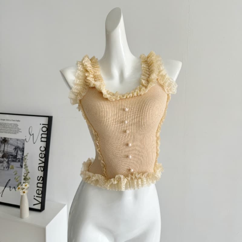 Pure Sweet Lace Trim Suspender Camisole Summer Slim Fit Knit Layering Sleeveless Top