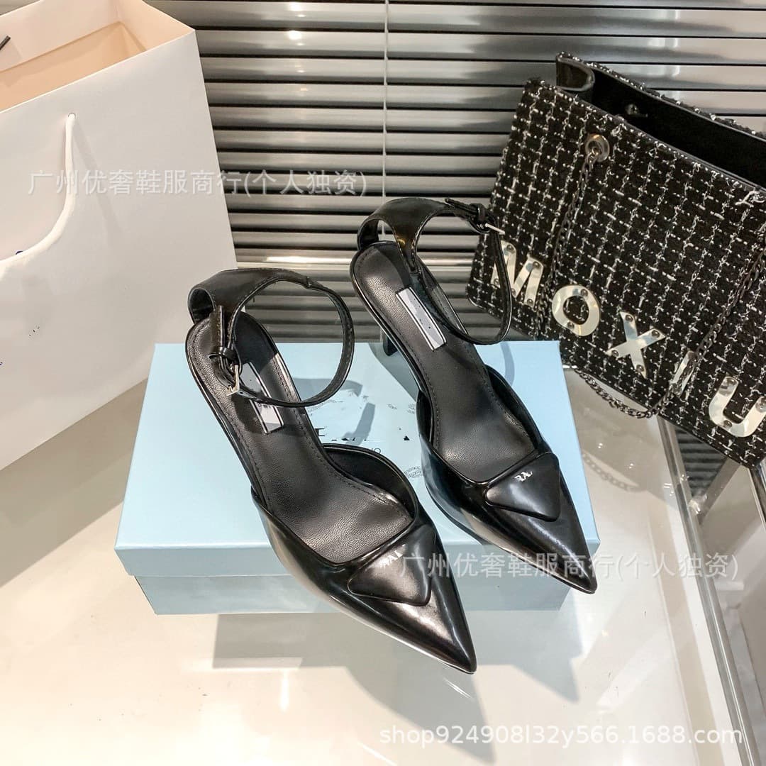 High Version New Alphabet Triangle Marker Fashion Sexy Metal Pointed Thin Heeled High Heeled Shoes Leather Hallback Sandals