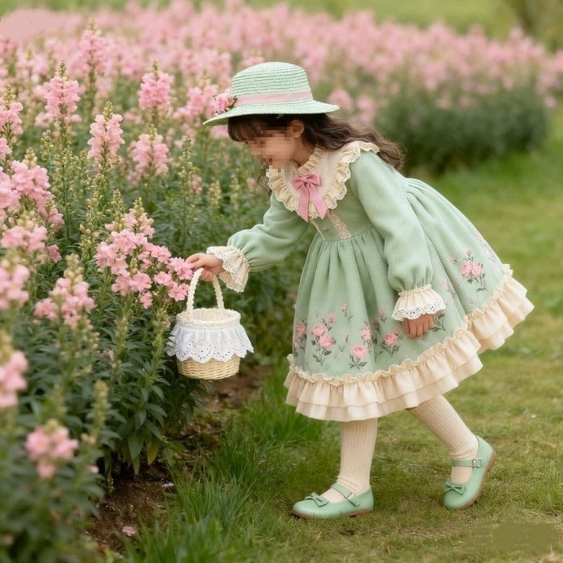 New Floral Lolita Autumn and Winter Dress for Middle and Older Children, Stylish Birthday French-Style Princess Dress