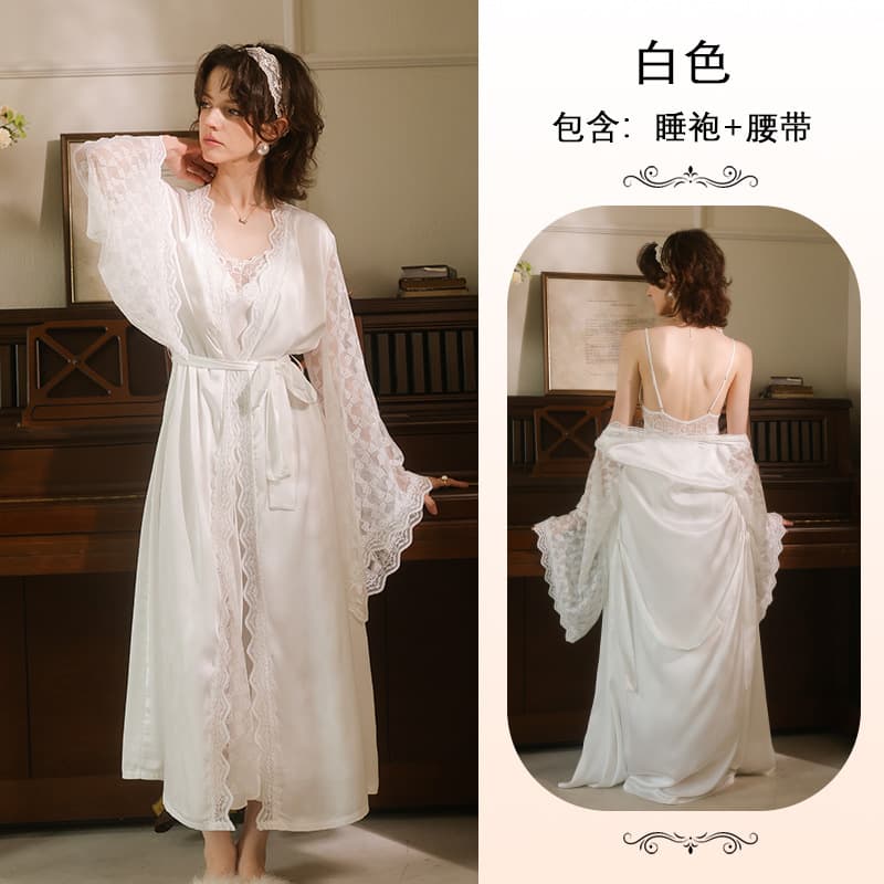 Satin Padded White Camisole Nightgown Two-Piece Robe Women's Faux Silk Lace Flared Sleeves 976 Summer