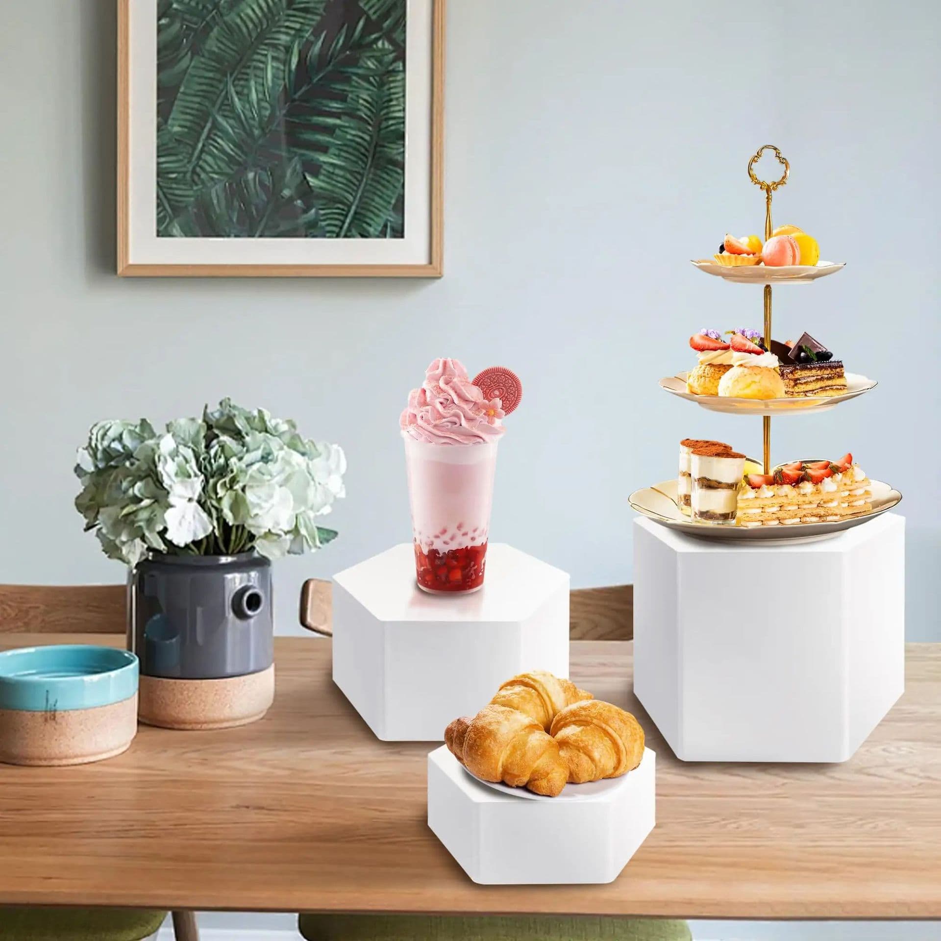 Custom Acrylic White Hexagonal 6-Piece Buffet Riser Dessert Display Box for Home Kitchen Wedding