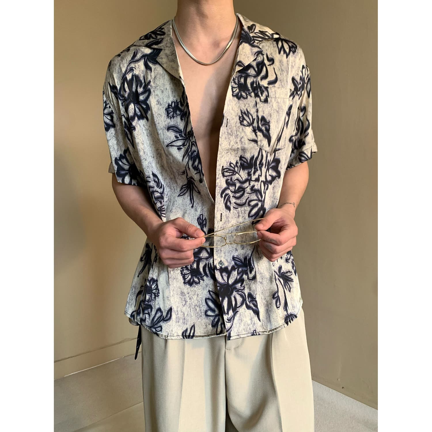 2026 Retro Contrast Print Casual Short Sleeve Shirt Men's Fashion Loose Fit