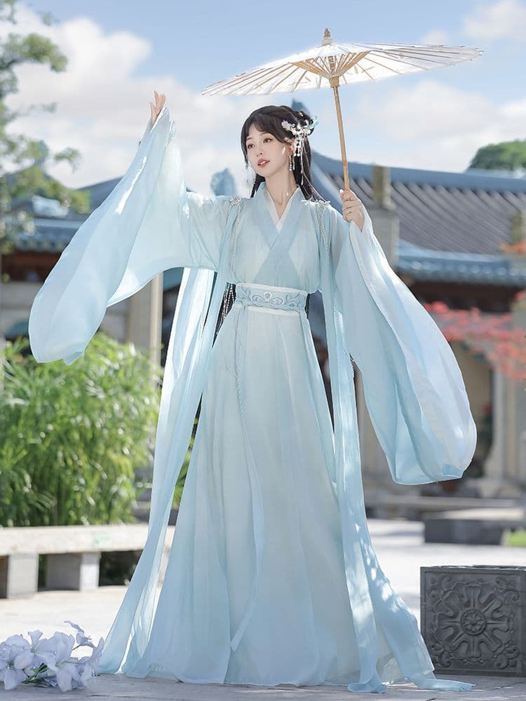 Original Hanfu Women 2026 New Style Wei-Jin Style Fairy Cross-Collar High-Waist Wide-Sleeve Embroidered Eight-Panel Skirt Cool Ancient Costume
