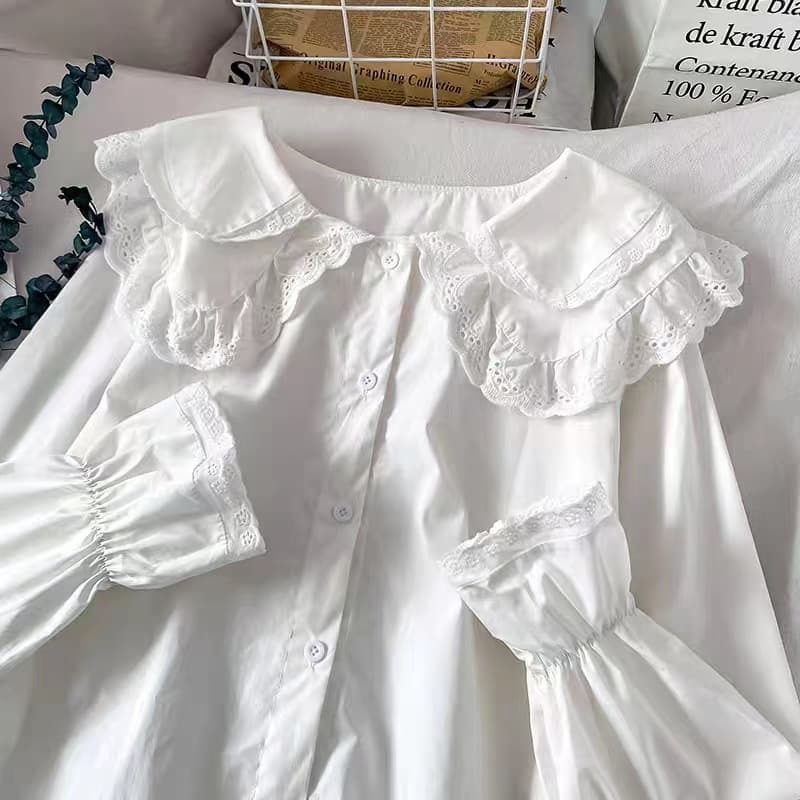 White ruffled lace large lapel new button shirt top chiffon medium and large children's shirt long sleeve spring and autumn
