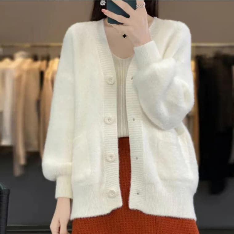 2026 Autumn Winter New Relaxed Faux Mink Knit Cardigan Women Versatile Long Sleeve Sweater