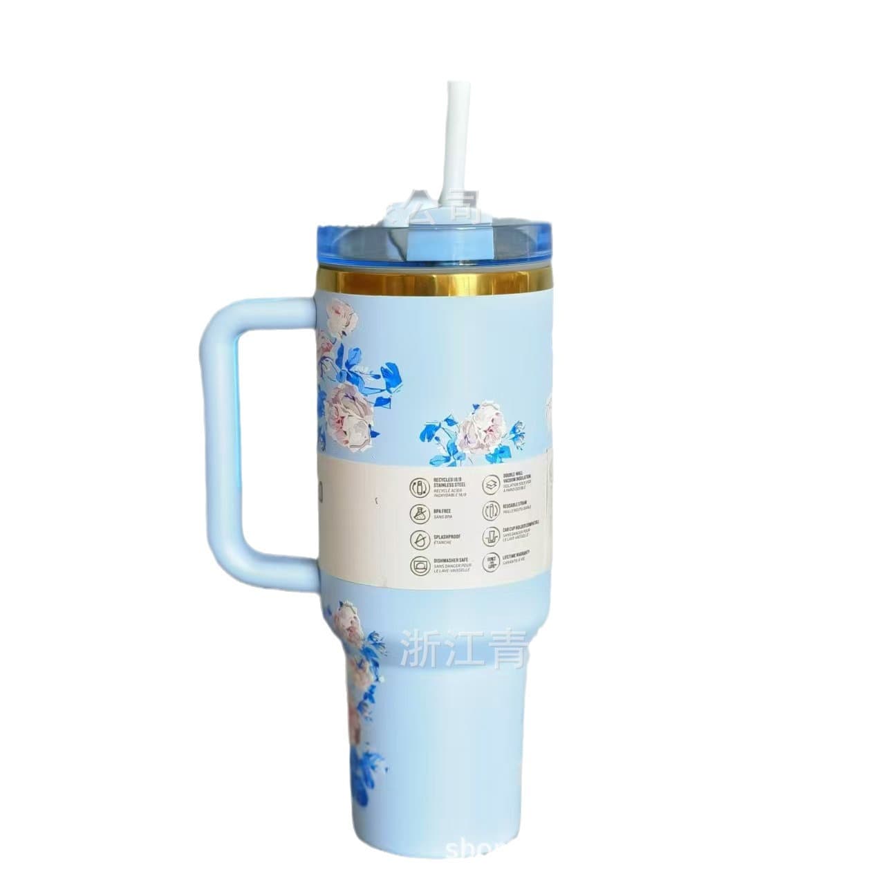 40oz Best-selling Large Capacity Ice Tumbler Stanley Style Gold Rim Pattern Car Cup 304 Stainless Steel Insulated Cup