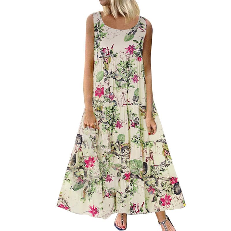 Bohemian style floral sleeveless dress, loose fit, plus size, ruffled hem, casual vacation style long dress