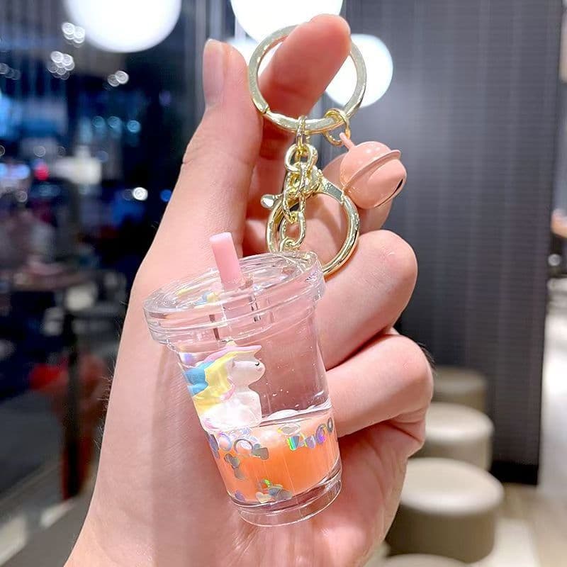 Cross-border creative acrylic milk tea cup unicorn quicksand keychain pendant cute and fashionable women's bag charm