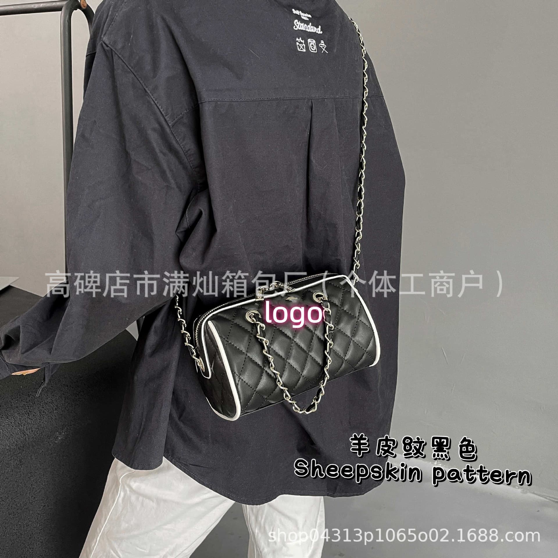 New Style Small Fragrance Bowling Bag Rhombus Chain Cylindrical Bag Enamel Handle Shoulder Hand-Held Armpit Bag
