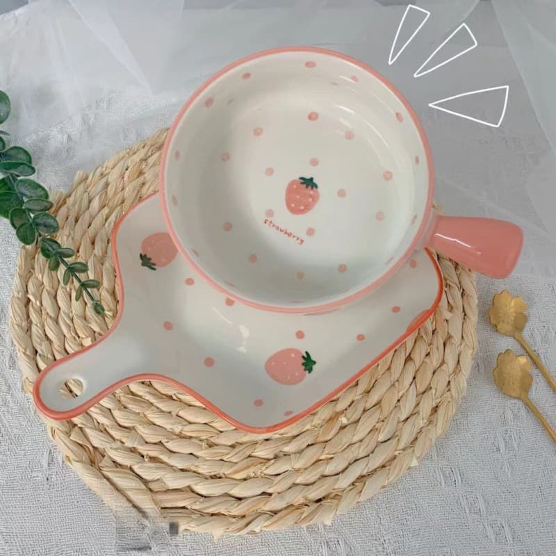 Microwave Oven, Nordic Style Plate with Berry Handle, Hand-painted Handle, Ceramic Dishware, Baking Tray, Steamed Egg Bowl (None)