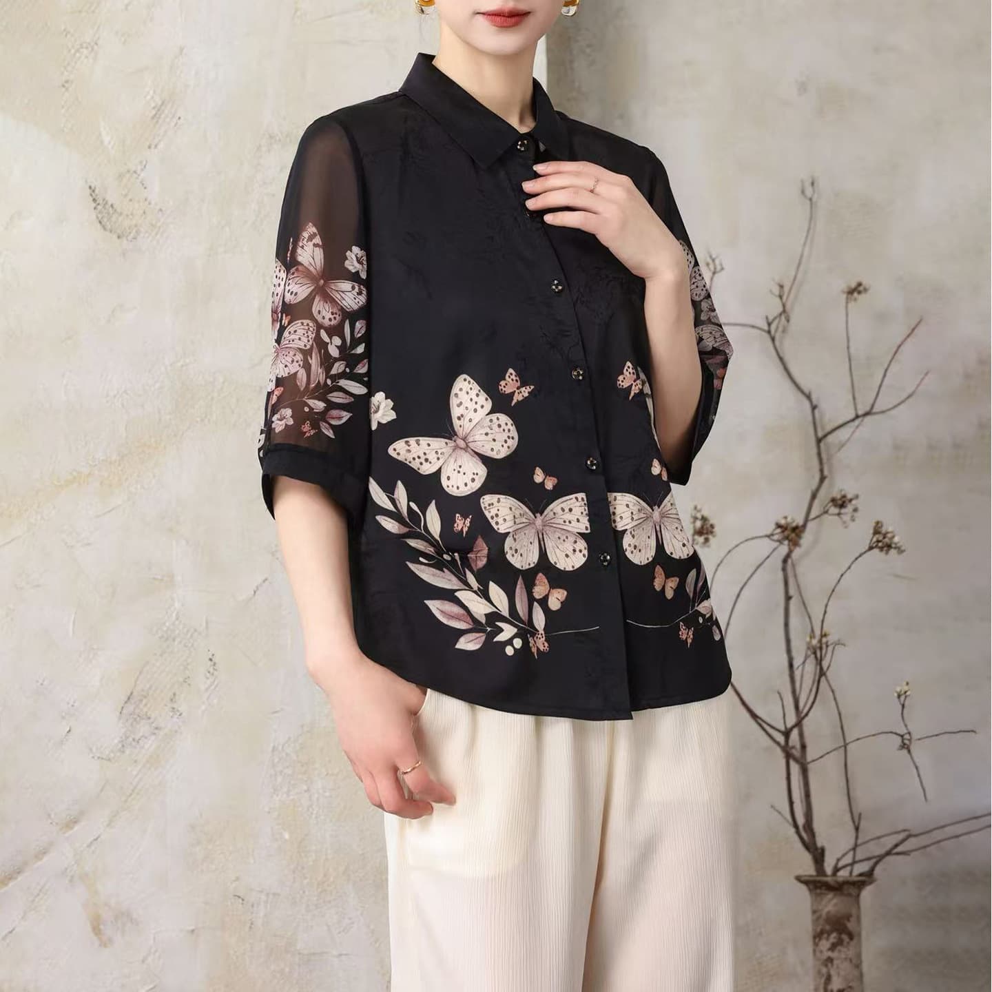 Thin Breathable Silk Shirt for Middle-Aged and Elderly Women, Summer Cool Silk Top, Ice Silk Blouse