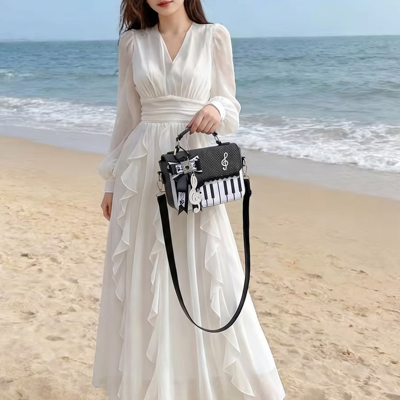 Cross-Border Fashion Small Square Bag Women's Lace Piano Note PU Shoulder Bag Crossbody Polka Dot Handbag
